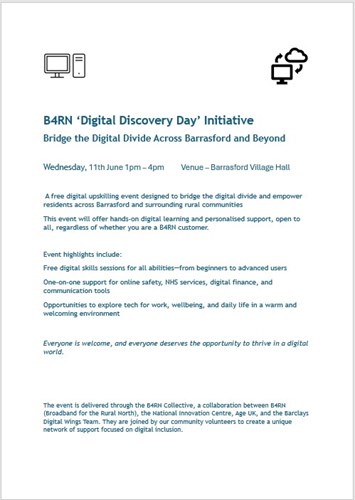 B4RN Digital Discovery Day; 11 June 2025 @ 13:00 - 16:00; Barrasford Village Hall
